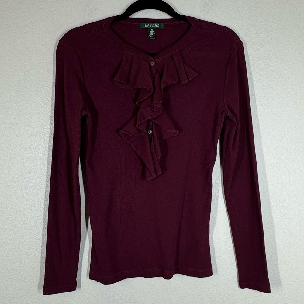 Lauren Ralph Lauren Women’s Ruffle Neck Long Sleeve Top Henley Blouse Medium